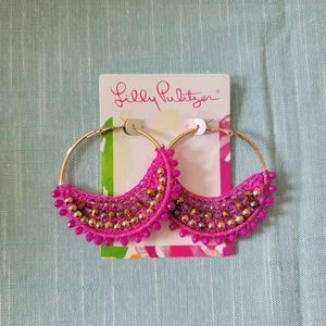 New - Gorgeous Lilly Pulitzer Large Hot Pink & Gold Bead Hoop Earrings